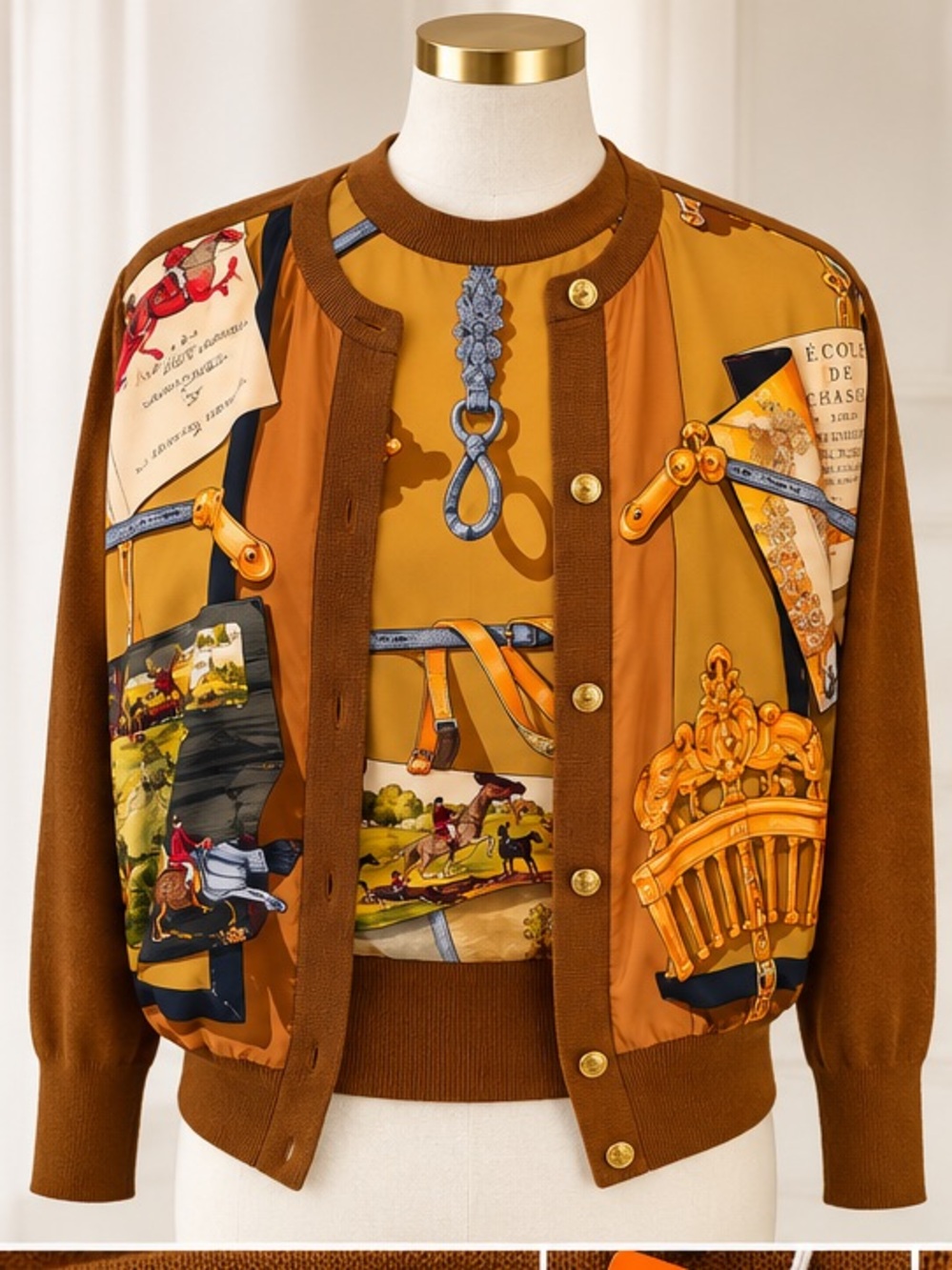 Hermès Brown & Mustard Equestrian Print Wool Sweater